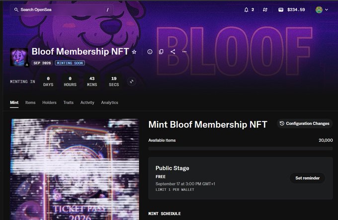 The image shows an OpenSea collection page for "Bloof Membership NFT" with a mint countdown timer (43 minutes, 19 seconds remaining) and a "Public Stage" mint marked as FREE starting September 17 at 3:00 PM GMT+1, with a limit of 1 per wallet. This directly relates to the post announcing that the BLOOF OG NFT mint is live on OpenSea, highlighting the free first 500 mints and the upcoming $BLOFF token airdrop for holders.