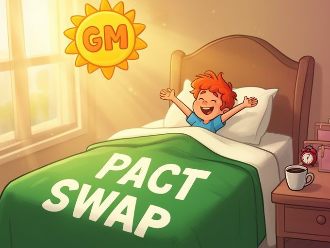 A cartoon illustration of a red-haired child stretching happily in bed under a green blanket reading 'PACT SWAP', with a 'GM' sun icon in the upper left corner and a coffee mug on the nightstand.