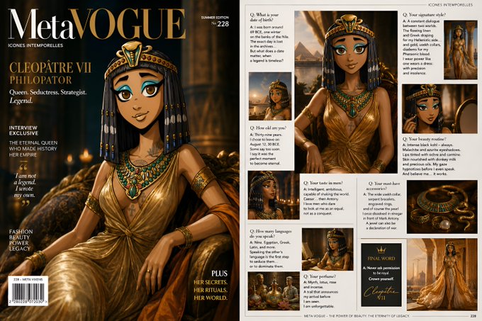 A magazine spread titled 'MetaVOGUE SUMMER EDITION №228' features an illustrated interview with 'CLEOPÂTRE VII PHILOPATOR' under the section 'ICONES INTEMPORELLES'.