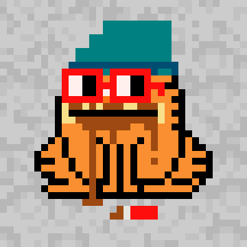 A pixel art "toadler" character from the Gremplin's Cryptoadz NFT collection, featuring an orange toad with a teal hat and red sunglasses, matching the celebratory "toadiversary" post about minting a 5th anniversary NFT.