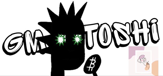 A cartoon image with the text 'GMATOSHI' in a graffiti-style font, featuring a black silhouette character with dollar signs for eyes and a Bitcoin logo.