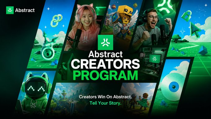 Promotional banner for the 'Abstract Creators Program' featuring the tagline 'Creators Win On Abstract. Tell Your Story,' with images of content creators streaming in various themed virtual environments.
