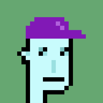 A pixel art portrait of a pale blue-skinned character with a purple cap, simple facial features, and a neutral expression set against a green background.