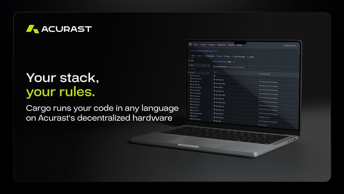 The image features a laptop computer with an open web browser displaying a page from the @Acurast website. The text on the screen reads "Your stack. Your rules." This suggests that the user might be interested in learning more about the @Acurast platform and how it can help them manage their code or applications. The image also includes a link to the post, which provides additional information about the @Acurast platform and its capabilities for users who want to customize their hardware using the new Cargo runtime.