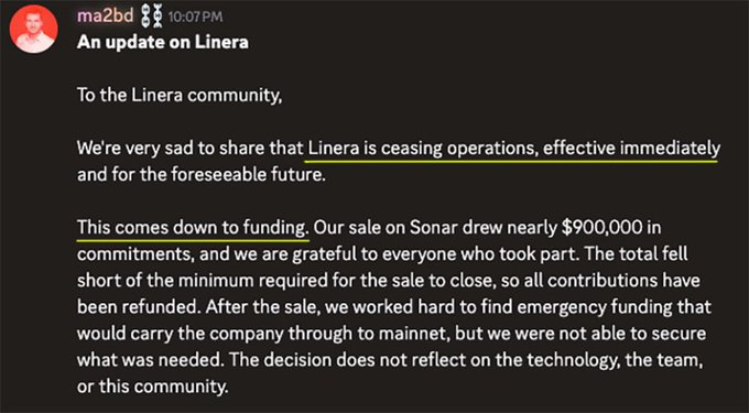 A Discord message from user 'ma2bd' titled 'An update on Linera,' announcing that 'Linera is ceasing operations, effective immediately,' with an underline beneath that statement and the following phrase 'This comes down to funding.'