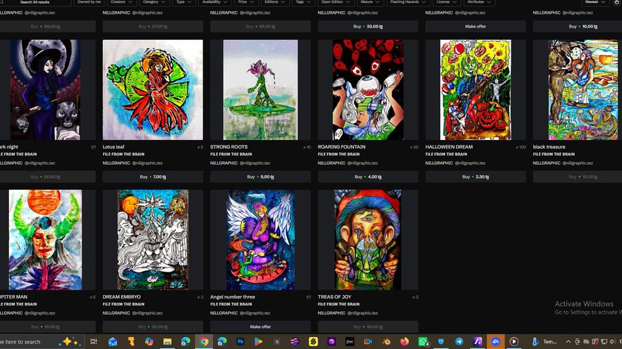 A computer screen displaying an NFT marketplace with various colorful artworks titled 'STRONG ROOTS', 'ROARING FOUNTAIN', 'HALLOWEEN DREAM', 'DREAM EMBRERY', and 'TREAS OF JOY'.
