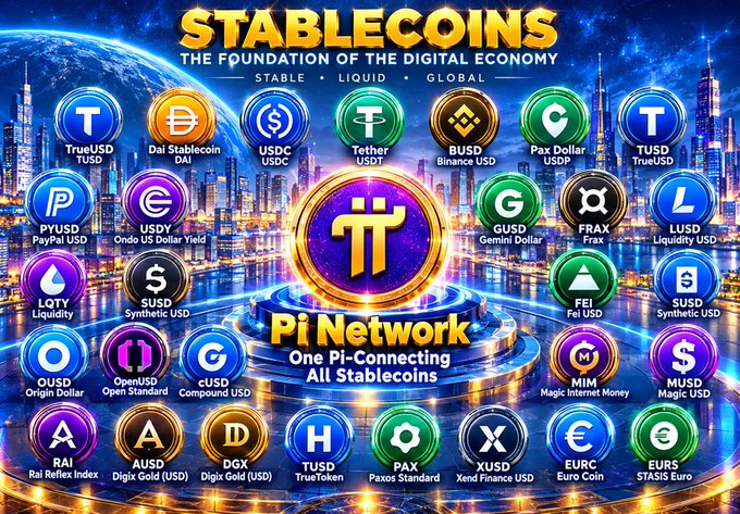 A promotional graphic titled 'STABLECOINS - THE FOUNDATION OF THE DIGITAL ECONOMY' featuring various cryptocurrency logos like Tether (USDT), USDC, Binance USD, and others, with a central logo for 'Pi Network' stating 'One Pi-Connecting All Stablecoins'.