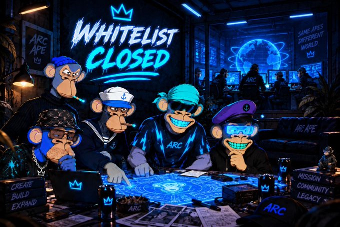 A digital illustration of cartoon apes in a high-tech room with the text 'WHITELIST CLOSED' in neon blue, along with 'ARC APE' and 'SAME APES DIFFERENT WORLD' on the walls.