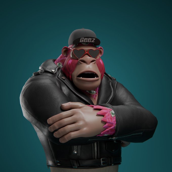 A 3D-rendered monkey character wearing a black cap labeled 'Geez', heart-shaped sunglasses, and a black leather jacket stands with arms crossed against a teal background.
