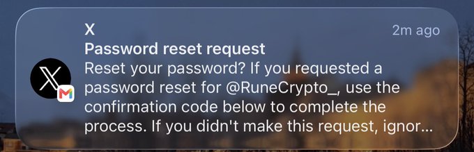 A notification from X (formerly Twitter) showing a password reset request for the account @RuneCrypto_, arriving 2 minutes ago, which the post warns is part of a wave of account hacks affecting crypto users on the platform.