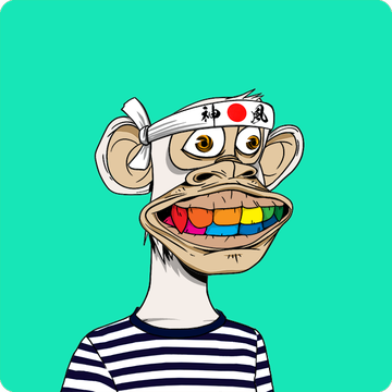 A cartoon monkey with rainbow-colored teeth wearing a white headband with a Japanese flag and Asian characters, set against a green background.