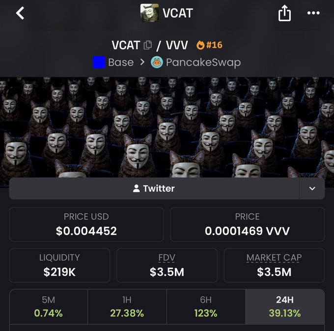 A cryptocurrency tracking screenshot for VCAT/VVV token showing a price of $0.004452 USD with a 39.13% 24-hour gain, featuring an image of Guy Fawkes masks.