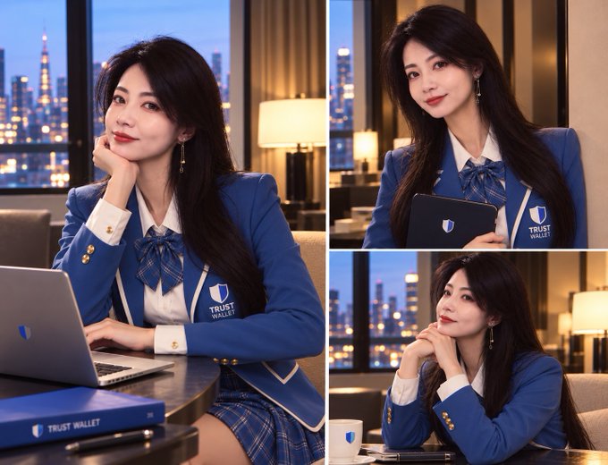 A three-panel promotional collage shows a woman in a blue “TRUST WALLET” uniform posing in an office with a laptop, tablet, mug, and city skyline. It supports the post “GMGN @TrustWallet Did you Trust today?”, presenting a polished Trust Wallet advertisement with no numbers or tickers visible.