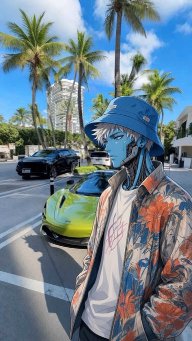 Anime-style illustration of a blue-skinned character with tattoos wearing a blue bucket hat and floral jacket, standing next to a lime green sports car with palm trees in the background.