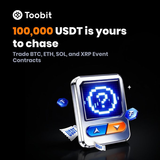 A Toobit cryptocurrency exchange advertisement reading '100,000 USDT is yours to chase' to 'Trade BTC, ETH, SOL, and XRP Event Contracts', featuring a 3D illustration of a trading device.