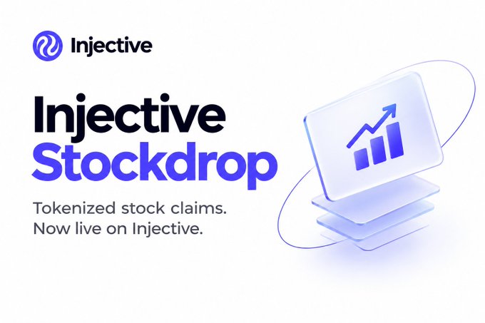 A promotional banner for 'Injective Stockdrop' features the Injective logo and text reading 'Tokenized stock claims. Now live on Injective.', alongside an illustration of a 3D isometric chart with an upward arrow.