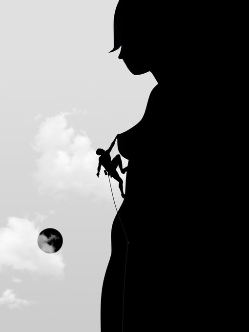 The image features a large black silhouette of a person climbing up a cliff, with a ball floating above them. The caption below the photo reads "This is my first #TEZOSTUESDAY post after 100 days! Nothing | 6.66 $XTZ 4 Eds left Link Good Night".