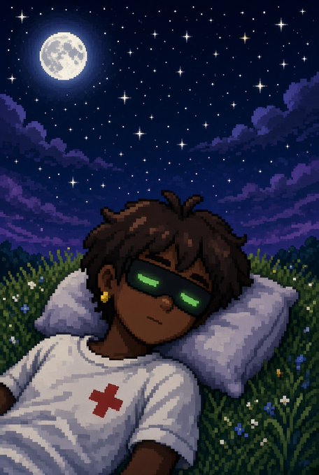 A pixel art illustration of a person with brown hair lying on a white pillow in a grassy field at night, wearing glowing green futuristic sunglasses and a white t-shirt with a red X, under a full moon and starry sky.