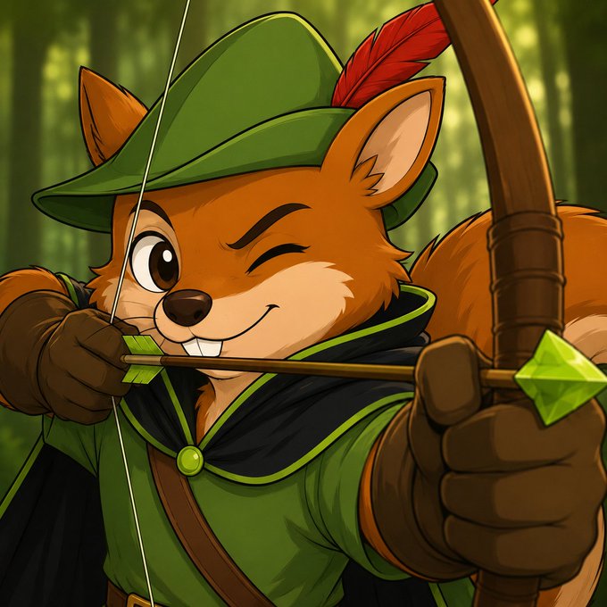 A cartoon squirrel dressed as Robin Hood, winking confidently while drawing back a green-tipped arrow on his bow, perfectly embodies the post's "PeanutHood" theme—a forest guardian taking his legendary shot, with promotional text overlaid inviting viewers to buy $PNUTH tokens on Solana.