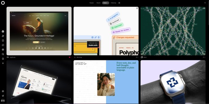 A screenshot of a web-based design or project management interface displaying six different design mockups, including a film website ('The Fauras'), a colorful voting UI, a generative art pattern, an iPad mockup, a handwritten note, and a smartwatch design.