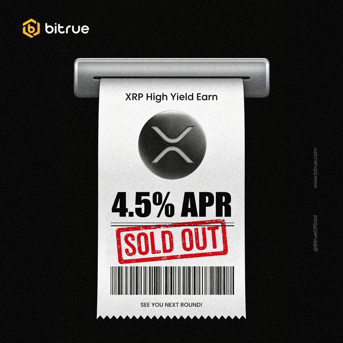 A graphic advertising Bitrue's XRP High Yield Earn campaign, featuring a printed receipt design against a black background. The receipt displays the XRP logo, "4.5% APR" and a red "SOLD OUT" stamp, complementing the post's announcement that over 1M XRP was fully subscribed in 4 days and promoting the 10% APR RLUSD Staking as the next earning opportunity.
