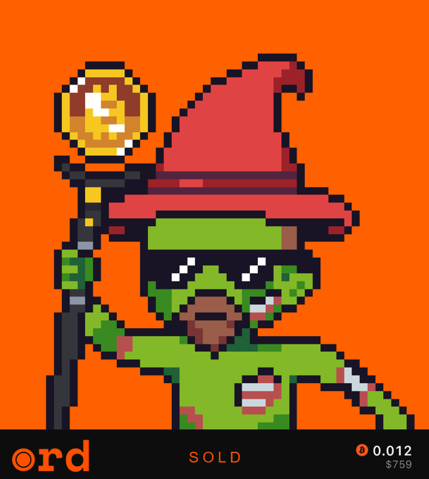 A pixel art zombie wizard wearing a red pointed hat and holding a staff with a golden orb is displayed against an orange background. The bottom shows "ord" branding with "SOLD" status, priced at 0.012 ($759), indicating this is a sold Ordinals NFT listing matching the post about the "Zombie Wizard" collection.
