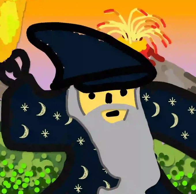 A whimsical digital illustration of a wizard with a long white beard wearing a starry blue robe and a large dark hat, set against a sunset sky with fireworks.