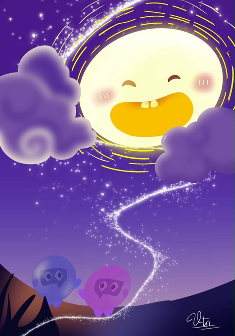 A cute digital illustration of a smiling cartoon sun with two front teeth shining over a starry purple sky, with two small ghost-like characters below looking up at a sparkly path.
