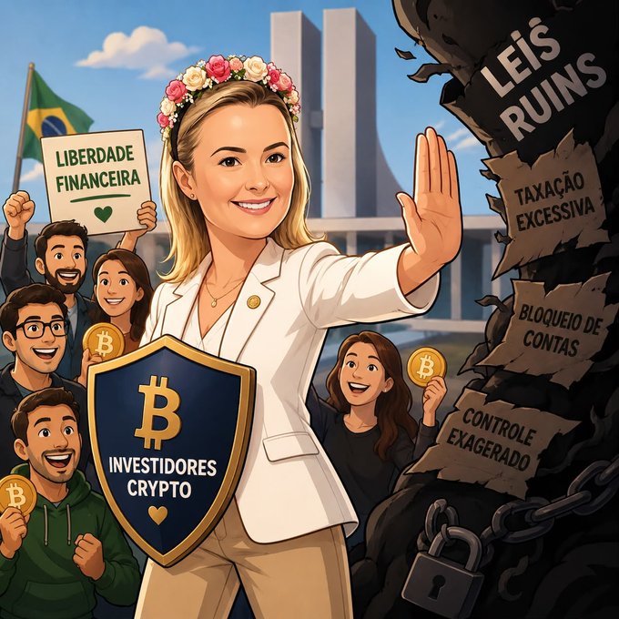 A cartoon-style illustration of a smiling blonde woman with a flower crown holding a shield labeled 'INVESTIDORES CRYPTO' with a Bitcoin symbol, standing between a group of happy Bitcoin holders and a crumbling wall of 'LEIS RUINS' (Bad Laws) like 'TAXAÇÃO EXCESSIVA' (Excessive Taxation) and 'BLOQUEIO DE CONTAS' (Account Blocking).