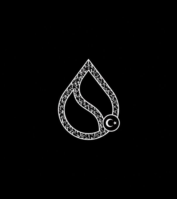 A white line-art logo on a black background depicting a water droplet containing a flame, with a crescent moon and star symbol in the lower right corner.