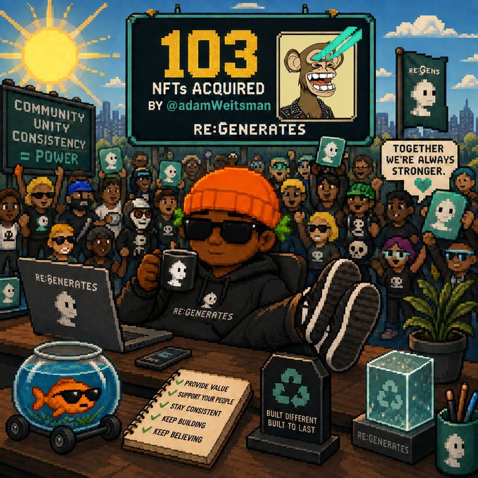 A colorful pixel-art NFT graphic featuring a character in an orange beanie with sunglasses holding a skull mug, celebrating '103 NFTs ACQUIRED by @adamWeitsman' for the RE:GENERATES collection.