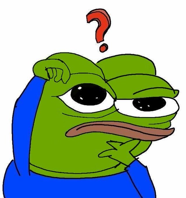 A sad-looking Pepe the Frog with a red question mark above his head scratches his head in confusion, humorously matching a "Gm bros" post by suggesting uncertainty or irony behind the casual greeting.