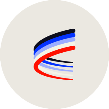 A minimalist logo featuring stylized curved blue, black, and red ribbons forming a wing-like or eagle shape on a light beige circular background.