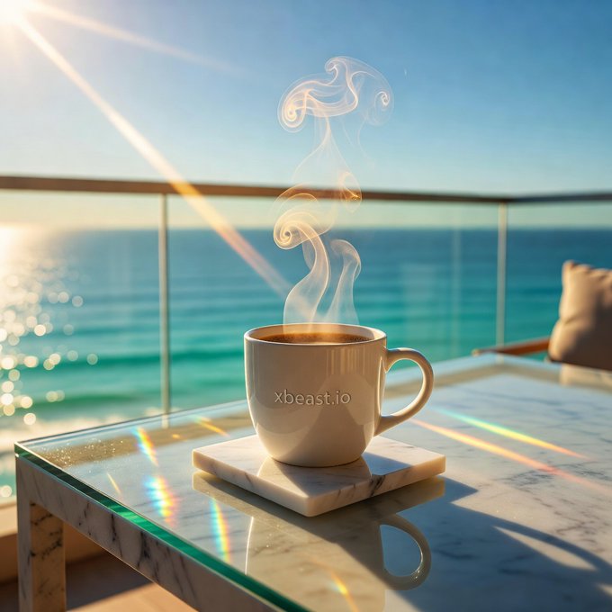 A steaming cup of coffee sits on a marble-topped glass table on a sunlit oceanfront balcony, with the text "xbeast.io" visible on the mug. The peaceful sunrise scene perfectly captures that calm "gm" energy — a serene moment of coffee and ocean views to greet Wednesday like a true warrior.