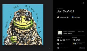 Screenshot of a Fountain podcast episode 'Poet Toad #22' featuring artwork of a green toad-like creature with the title 'the mind is a loaded gun' and pricing of 0.169 DCR / 1h 21m.