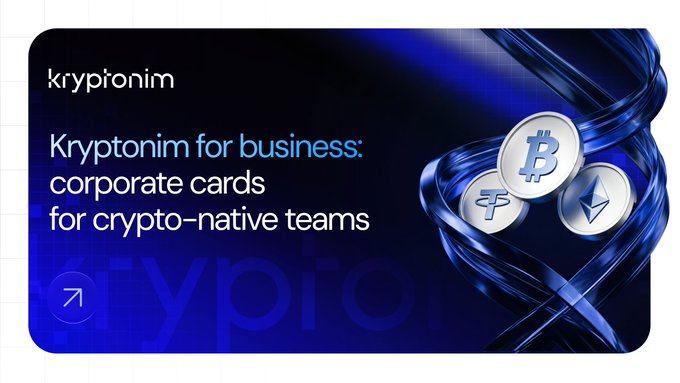 Promotional banner for Kryptonim's "Kryptonim for business: corporate cards for crypto-native teams" service, featuring the company logo and 3D-rendered cryptocurrency tokens (Bitcoin, Tether, and Ethereum) swirling in a blue vortex, visually reinforcing the platform's focus on crypto-based corporate card solutions.