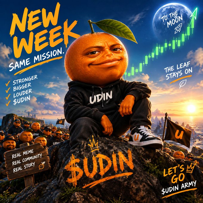 A digital meme poster features a character with an orange head wearing a 'UDIN' hoodie, sitting on a rock with text including 'NEW WEEK SAME MISSION', '$UDIN', 'TO THE MOON', and '$UDIN ARMY'.