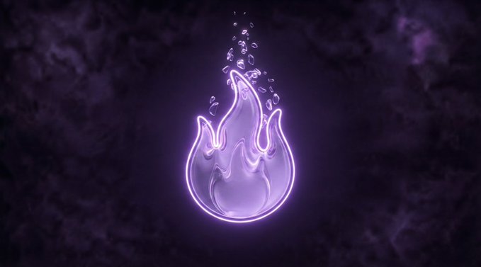 A glowing purple neon flame illustration with bubbles rising from it against a dark purple background.