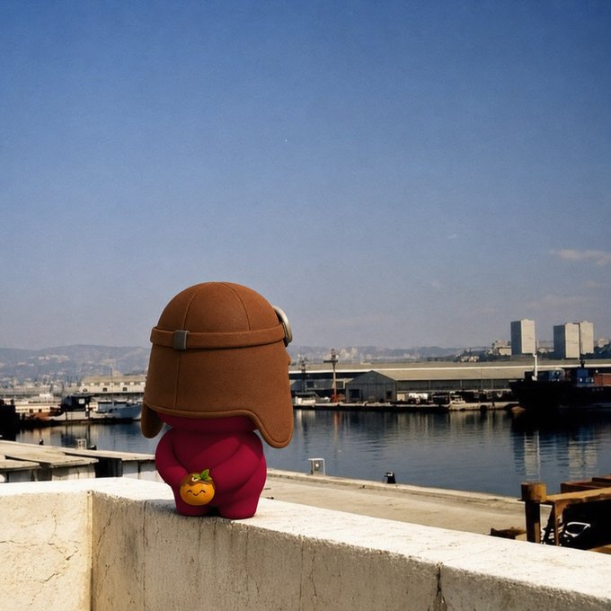 Photo of a small toy figure with a brown aviator cap and red outfit sitting on a concrete ledge, looking out over a harbor and city skyline on a clear day.
