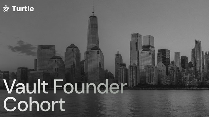A black and white image of the New York City skyline featuring One World Trade Center, labeled 'Turtle Vault Founder Cohort' with the Turtle logo.