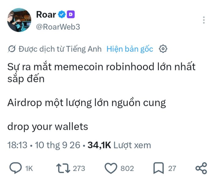 A translated tweet by Roar (@RoarWeb3) announcing the upcoming launch of the largest Robinhood memecoin and a major airdrop, urging followers to "drop your wallets," with 34.1K views.