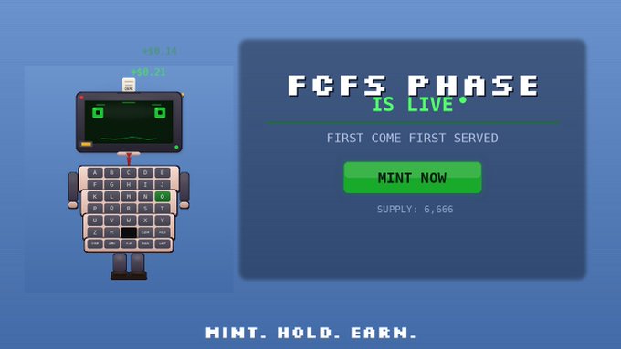 The image shows a promotional graphic for an NFT mint event featuring a robot character with a typewriter keyboard body, displaying "FCFS PHASE IS LIVE" with a "MINT NOW" button and a supply of 6,666. The "FCFS WALLETS HAVE BEEN FIXED" message likely relates to this First Come First Served minting phase, announcing that wallet issues preventing users from participating in the limited 6,666 supply mint have now been resolved.