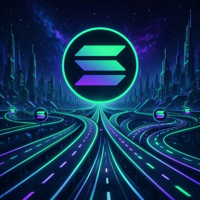 The image features a futuristic cityscape with neon-colored buildings, roads, and traffic signs. In the center of the scene, there's a large green circle containing the letters "S", "O", and "L" arranged vertically. The road curves around this central element, creating an illusion that it is leading to a destination or point of interest within the city.

The post suggests that users should consider switching from using $SOL as their cryptocurrency to Bitcoin, which has been gaining popularity in recent years due to its decentralized nature and potential for higher returns on investment.