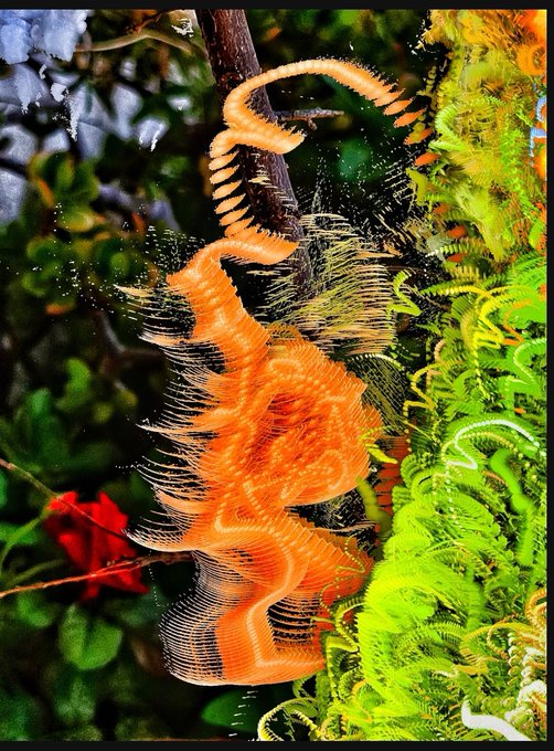 A vibrant, high-contrast photograph of an orange and white frilled centipede climbing a branch next to bright green ferns, with its many legs in motion creating a dynamic, almost electric effect.