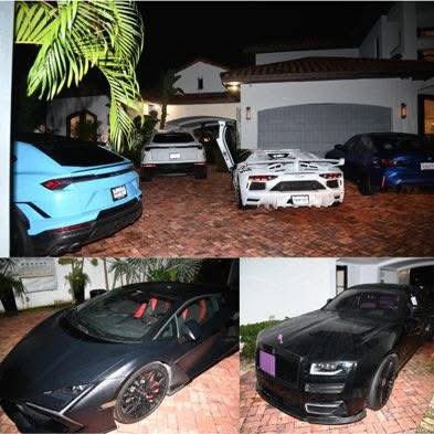 A collage of luxury sports cars parked in a driveway at night, including a blue Lamborghini, white Lamborghini, blue McLaren, black Lamborghini with red interior, and a black Rolls-Royce.