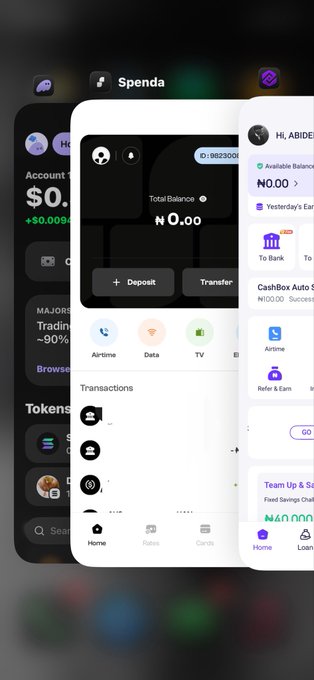 The image shows three overlapping mobile app screens displaying the "Spenda" digital wallet interface, featuring a Total Balance of "₦0.00," available balance of "₦0.00," and various transaction and service options like "Airtime," "Data," "TV," and "CashBox." The screens appear to be in an empty/zero-balance state, fitting the post's question about which development stage the app is at given its blank financial displays.