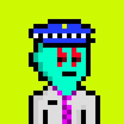 A pixel art portrait of a cyan-skinned character wearing a blue police-style cap, with red pixelated features around the eyes and a purple and white outfit.