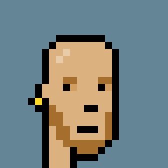 A pixelated cartoon portrait of a bald man with a small earring on a blue background.