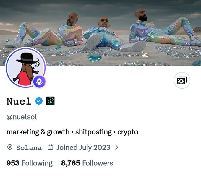 A Twitter profile page for "Nue1" (@nuelsol) with a bio reading "marketing & growth • shitposting • crypto," located on Solana and joined July 2023, showing 953 Following and 8,765 Followers, with a banner image of three figures in iridescent outfits lounging among diamonds. The caption's mention of "176th day" and "x engagement is back" reflects on a mid-year Twitter engagement update despite personal setbacks, while the banner's lavish diamond imagery humorously contrasts with the "lost everything" sentiment.