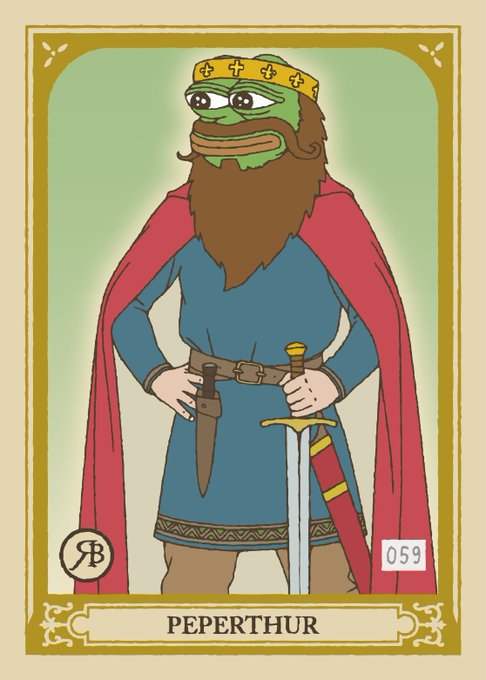 A stylized illustration of a king, depicted as Pepe the Frog, with a large brown beard and crown, wearing a blue tunic, red cape, and holding a sword and dagger. The card is labeled "PEPERTHUR" with the number "059" and an "SB" monogram.